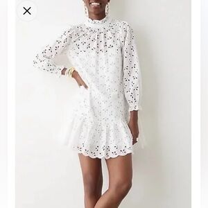 J. Crew White Eyelet Drop Waist Ruffle-Hem Mini Dress M